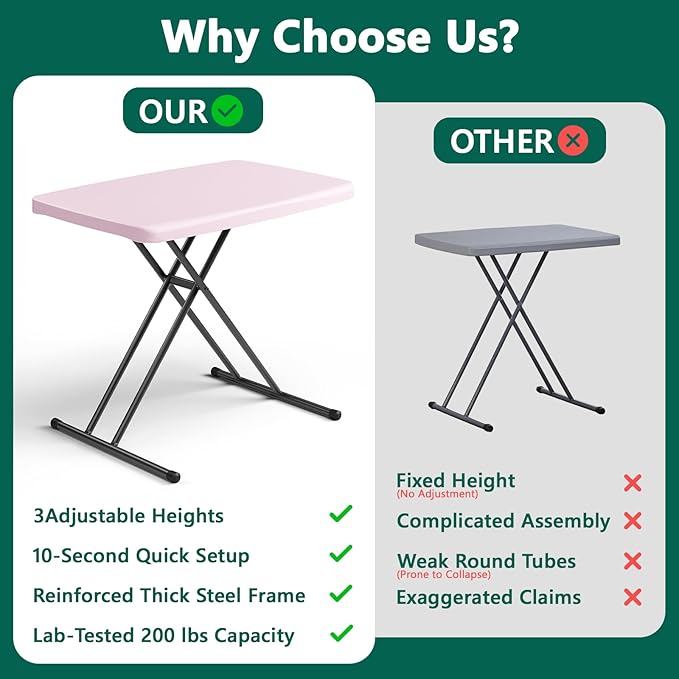 Folding Table 30 Inch - 2Pack,Small Desk Adjustable Height TV Tray for Laptop, Couch, Camping - Heavy Duty Utility Foldable Table for Small Spaces, No Assembly Required, Pink Granite