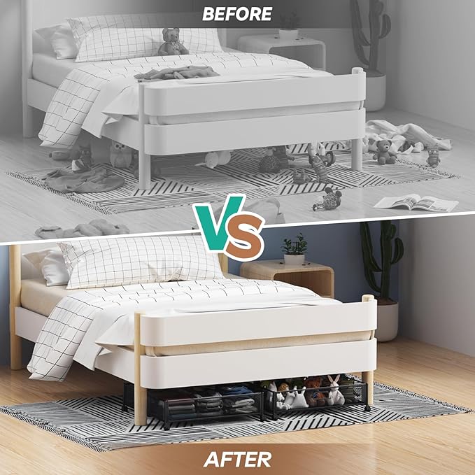 Under Bed Storage Containers with Wheels - Shoe Storage Organizer Drawer, Tool-free Assembly Metal Underbed Storage for Bedroom Clothes, Shoes, Blankets - 4Pack
