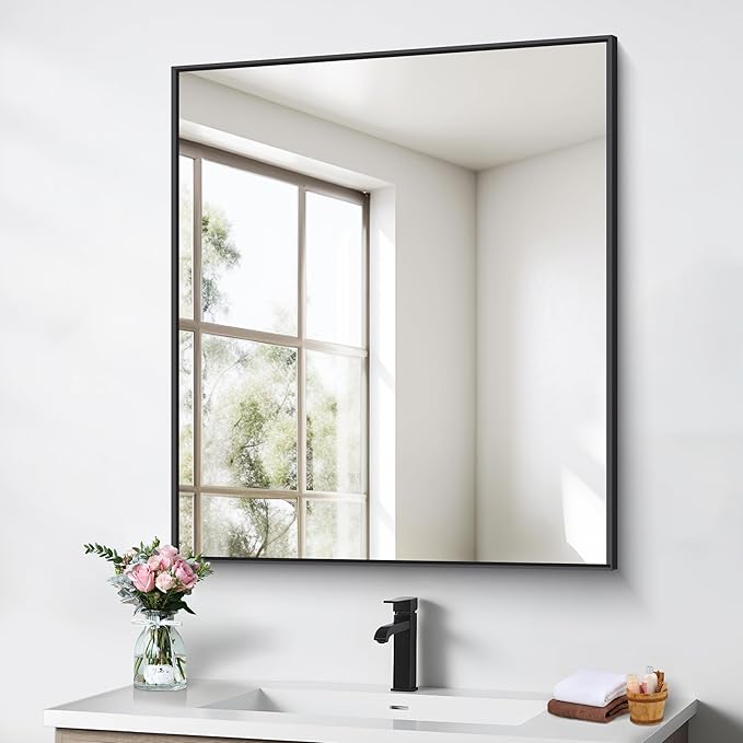 BONEWEI Bathroom Mirror,30x36 inch Wall Mirror for Bathroom Wall Mounted Black Rectangle Square Corner Mirrors, Black Bathroom Mirror for Living Room, Farmhouse, Bedroom Entryway, Horizontal/Vertical
