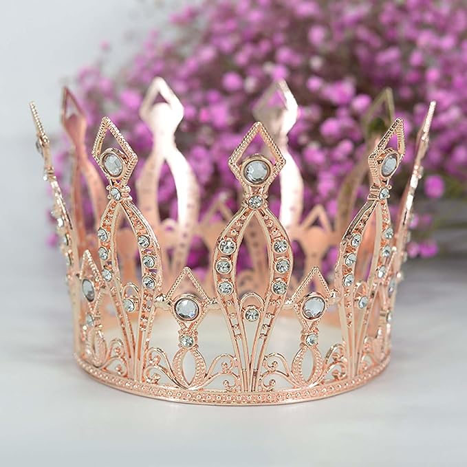 Crown Cake Topper Rhinestone Crystal Handmade Tiara Cake Decoration for Baby Shower Birthday Wedding Party Favors (Rose Gold)