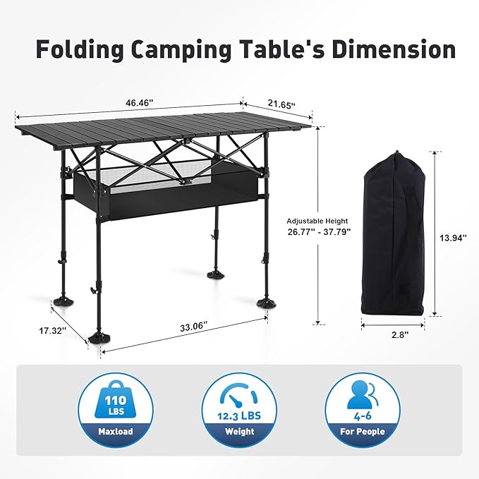 ALPHA CAMP Folding Camping Table, Portable Roll-up Table with Adjustable Height, Large Storage Bag and Carrying Bag, Tall Aluminum Table for Indoor & Outdoor Picnic BBQ Backyards Beach