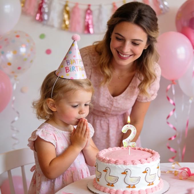 Number 2 Birthday Candle for Cake – Goose Inspired Design with Floral, Balloon & Leaf Details – Farm Theme Cake Topper for Birthday Party Decoration