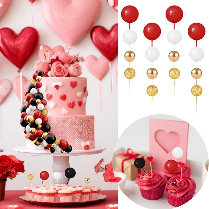 60Pcs Glitter Cake Balls Decorations Foam Cake Topper Balls Mini Balloon Cupcake Toppers for Cake Decorating Birthday Baby Shower Party (Glitter Black Red Series)