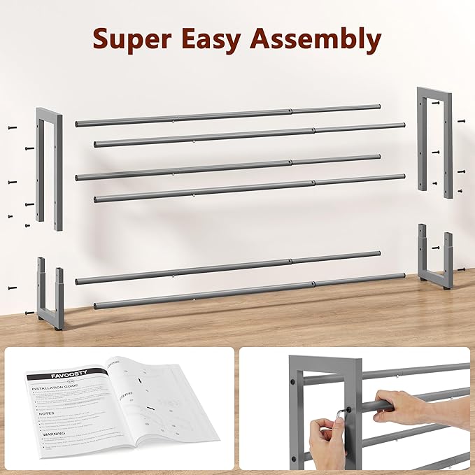 FAVOOSTY 3-Tier Expandable Shoe Rack, Adjustable Shoe Shelf Storage Organizer Space Saving Metal Free Standing Shoe Rack for Entryway Closet Doorway, Silver Grey