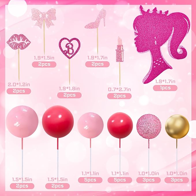 MEMOVAN Hot Pink Girl Cake Topper 31PCS -Princess Makeup Cake Topper Decoration with Pink Gold Ball Glitter High Heel Lipstick Lips Bow Tie for Bachelorette Boho Girl Hot Pink Princess Theme Party