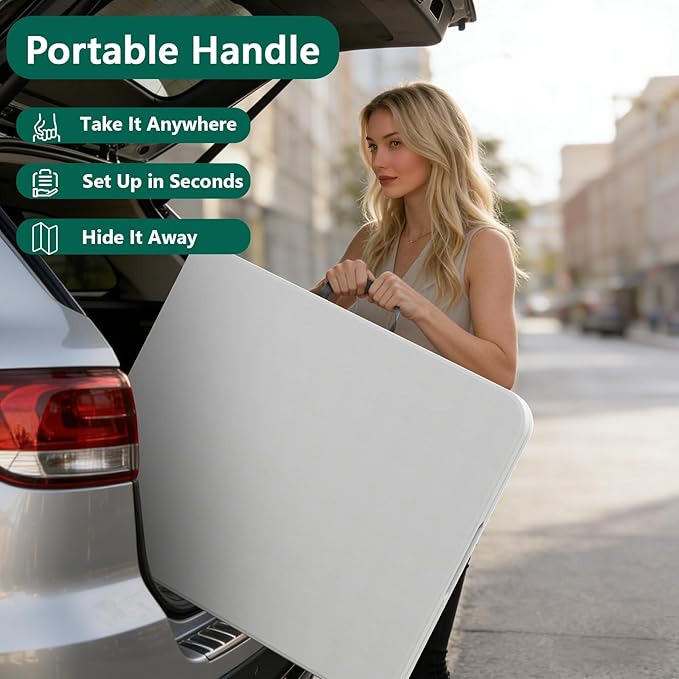 6ft Folding Table with Handle, Heavy Duty Plastic Table, 300 lbs Portable Table, Reinforced Steel Legs, High Density Plastic, Ideal for Parties, Picnics, Weddings,Camping (White)