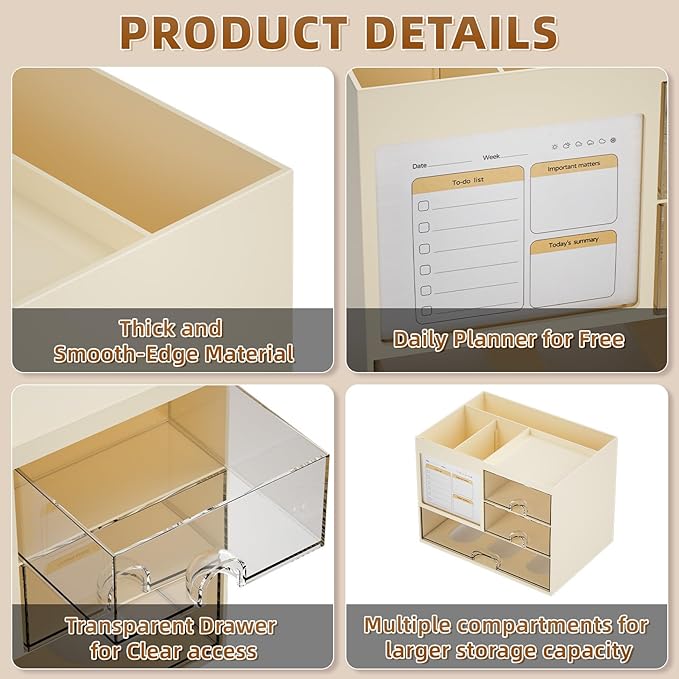 Marbrasse Desk Organizer with 3 Drawer, Multi-Functional Pencil Pen Holder for Desk, Desktop Organizer Storage for Office Home Art Supplies (Beige)