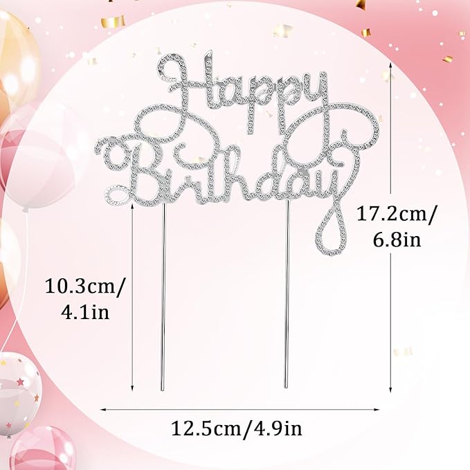 Happy Birthday Cake Topper Silver Crystal Rhinestone Birthday Cake Decoration for Women Metal Birthday Party Sparkly Bling Diamond Cake Topper Party Decoration Centerpieces Keepsake