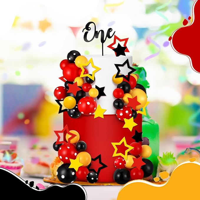57 Pcs Black Red Yellow Ball Star Cake Topper Set Cartoon Cake Decorations with Flag DIY Insert Topper for One Two Years Happy Birthday Decorations Baby Shower Party Supplies(One Year)