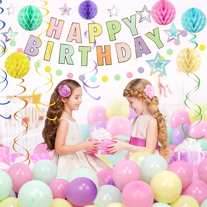 ZERODECO Birthday Decorations, Easy to Assemble Pastel Happy Birthday Banner with Honeycomb Ball, Balloon, Hanging Swirl Streamer, Garland, Happy Birthday Party Decorations for Women Girls Kids