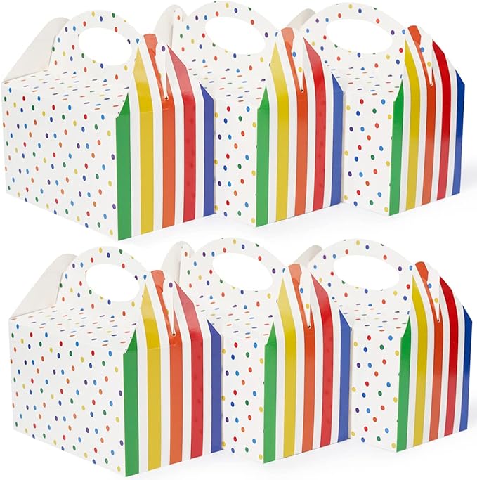 P6RB12 Happyhiram Favor Boxes 12 Pcs for Kids Birthday Box, Polka Dot and Striped Birthday Goodie Treat Boxes with Handles 6" Gable Boxes Colorful Candy Boxes Party Favor Paper Gift Boxes