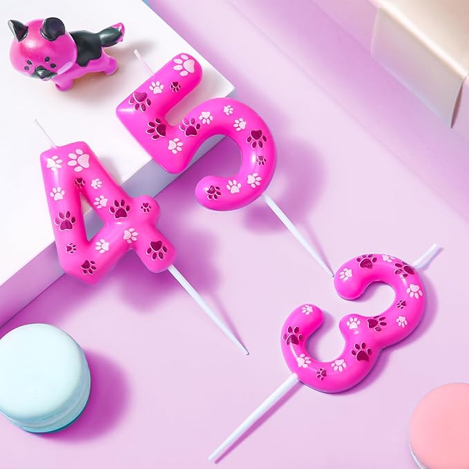 Conelist Number 5 Dog Paw Birthday Candles Toppers Candles Rose Red, Pink, Purple Numeral Birthday Cake Topper for 5 Year Old Boy Girl Paw Birth Day Decoration Pet Party Supplies