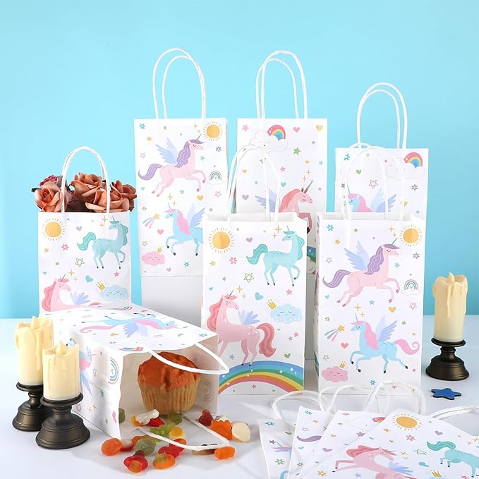 12Pcs Unicorn Party Favor Gift Bags with Handles Pastel Rainbow themed Goodie Bags Candy Bag for Birthday Party Decorations Paper Unicorn Gift Treat Bag for Kids Girl Baby Shower Parties Supplies