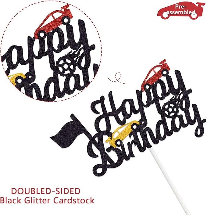 Marwey Race Car Cake Topper - Happy Birthday Cake Decor Chequered Flag Themed Party Supplies Decorations(Doubled-Sided)