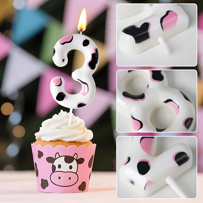 Number 3 Birthday Candle for Cake – Cow Print Design in White Black Pink – Farm Theme & Cowgirl Party Cake Topper Decoration