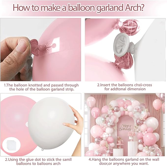 Pink and White Balloon Arch Kit, Pastel Pink Balloon Garland with Dusty Light Metallic Pink Matte White Balloons and Clear Balloons for Valentines Day Bridal Shower Wedding Party Birthday Decorations.