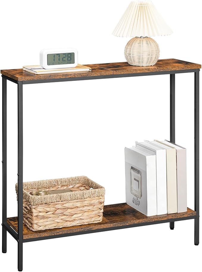 HOOBRO 29.5" L Narrow Console Table, Sofa Table Behind Couch with 2-Tier Storage Display Shelves, 8.7" D Small Entryway Table for Hallway, Foyer, Living Room, Bedroom, Rustic Brown and Black BF22XG01