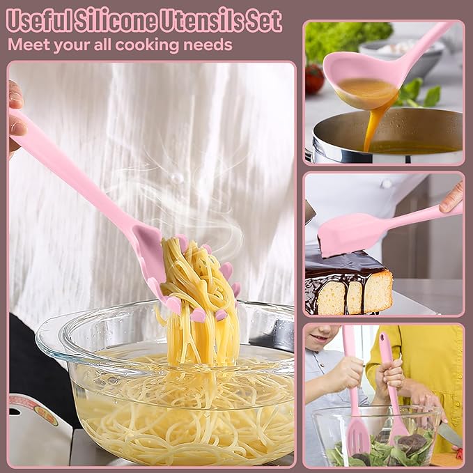 E-far Silicone Cooking Utensils Set, 7-Piece Pink Heat Resistant Kitchen Utensils Set, Kitchen Nonstick Tools Spatula Ladle Spoon Pasta Server for Non-stick Cookware, Non-Toxic & Dishwasher safe