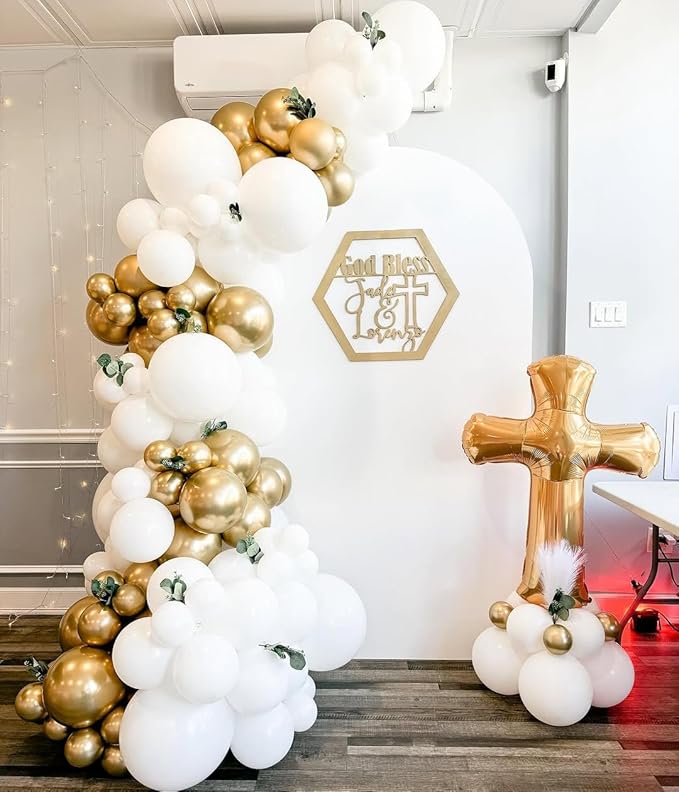 First Communion Balloons - White and Gold with God Bless Balloon Garland Arch Kit Different Size Balloons for First Holy Primera Communion Baptism Theme Party Decorations