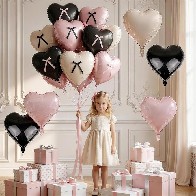 Pink and Black Heart Balloons with Ribbon Bow, 10 Pcs Light Baby Pink Cream Heart Shape Foil Balloons, 18Inch Helium Balloon with Bow Decoration for Girls Women Brithday Baby Shower Bachelorette Party