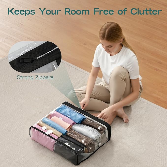 5PACK Clear Zippered Storage Bags for Clothes, 22L Closet Organizers Bag, and Blanket Storage Bags for Bedding, Linen, Blankets, Comforters, Clothing & Toys (Black)