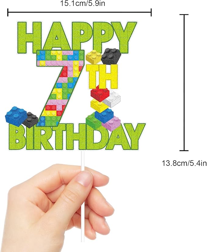 Happy 7th Birthday Building Block Cake Topper - Puzzle Games 7th Birthday Party Green Cake Topper Supplies - Building Block Party Decoration For Adult
