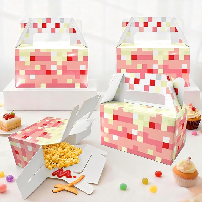 12 Pack Pixel Style Cake Party Favor Boxes with Handles, Mining World Theme Pink Cake Blocks Gift Boxes for Boys Girls Kids, Snack Containers for Cookies Cupcakes, Pixel Mining Game Party Decorations
