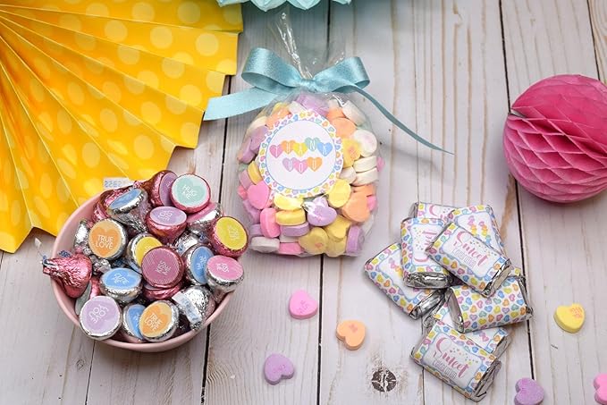 Amanda Creation Valentine Pastel Candy Heart Birthday Party Sticker Bundle Kit - 429 pieces! Includes 2" Circle Stickers for Favors, Mini Candy Bar Wrappers & Round Candy Kiss Stickers