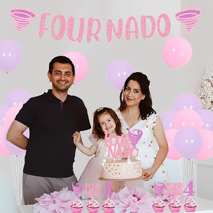 Fournado Birthday Party Decorations for Girls Tornado 4th Birthday Party Supplies with Four Nado Banner Cake Cupcake Toppers for Girls Tornado Bday Party Decors