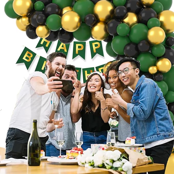 Dark Green Gold Black Balloon Garland Arch, Emerald Green Black Gold White Balloons for Camo Birthday Wildland Baby Shower Class of 2026 Graduation Party Decorations