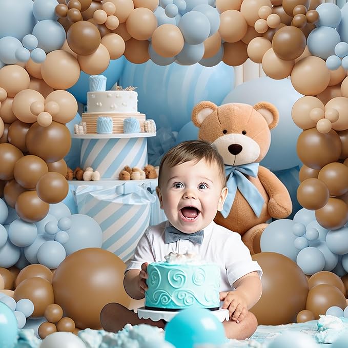 ECEAE Bear theme Balloon Arch Kit Light Blue beige Tan and Brown Globos cream Ballon garland for Baby Shower Boy Decorations Gender Reveal Party Woodland Backdrop Supplies