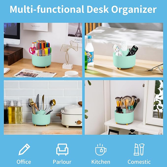 Marbrasse Desk Organizer, 360-Degree Rotating Pen Holder, Desk Organizers and Accessories with 5 Compartments Pencil Holder, Art Supply Storage Box Caddy for Office, Home (Mint Green)
