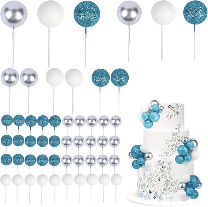 52 Pcs Ball Cake Decorations - Teal Blue White Silver Ball Dessert Picks Cake Cupcake Toppers, Birthday Party Baby Shower Gender Reveal Cake Supplies