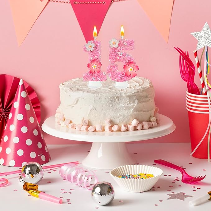 Pink Flower Birthday Candle,Number Birthday Candles for Cake, Ideal Birthday Parties Cake Decor, Wedding Anniversary and Other Celebrations (Number 15, Pink)