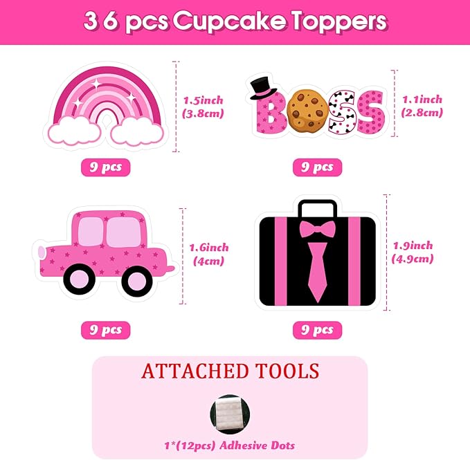 36Pcs Boss Cupcake Toppers for Girls Hot Pink Happy Bossday Theme Birthday Party Decorations Car Boss Theme Table Topper for Baby Boy Boss 1st 2nd 3rd Birthday Party Decor Supplies