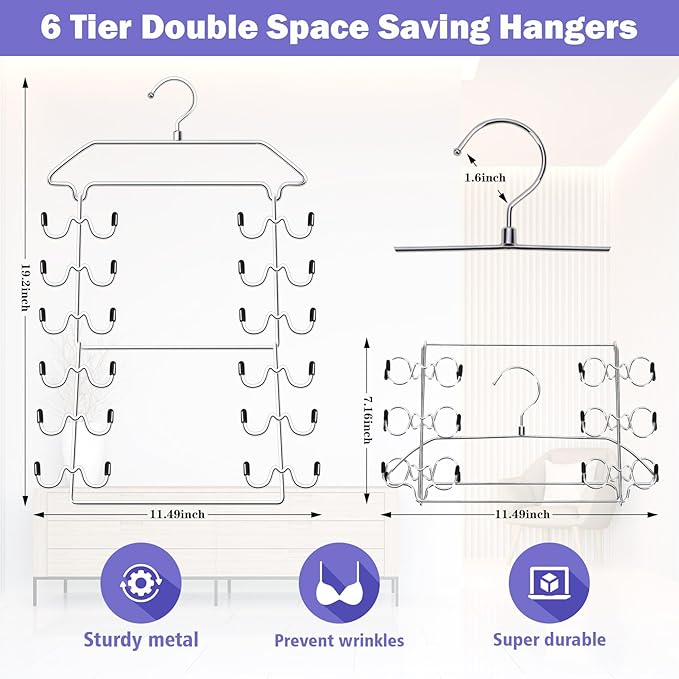 Closet Organizers and Storage,Tank Top Hanger 6 Tier Double Space Saving Bra Hangers,Dorm Room Essentials for Girls,Non-Slip Hanging Closet Organizer for Camisoles Sports Bras Strappy Dress Swimsuits