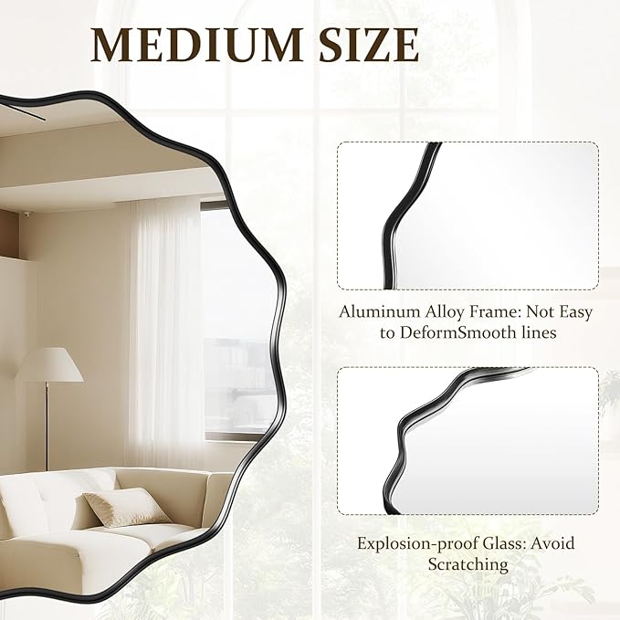 Round Wavy Mirror 36 Inch Bathroom Vanity Mirror Metal Frame Circle Wall Mounted Mirror for Bedroom Living Room Entryway Black