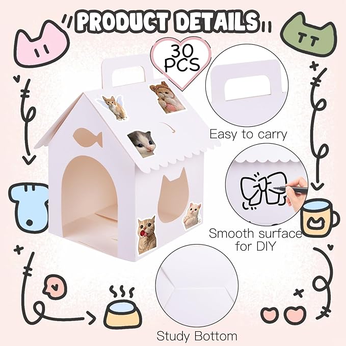 ARELUX 30 Pcs Cat House Shaped Party Favor Boxes, Foldable Pet Adoption Treat Gift Boxes with DIY Stickers - White Blank Goodie Bags for Kitten Birthday, Baby Shower & Cat Themed Events