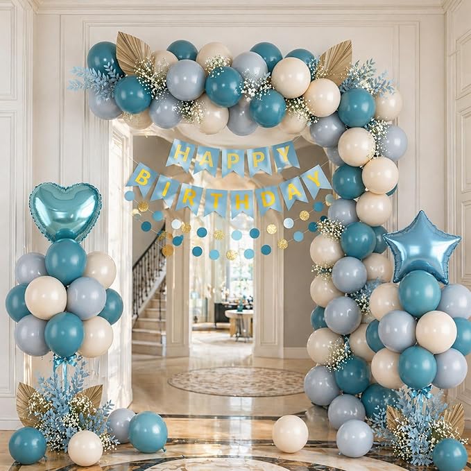 Blue Birthday Party Decorations for Boys Men Dusty Blue Sand White Balloon Set with Star Heart Foil Balloons Happy Birthday Bunting Banner Garland Navy Light Cream Beige Party Decor Kit Baby Girls