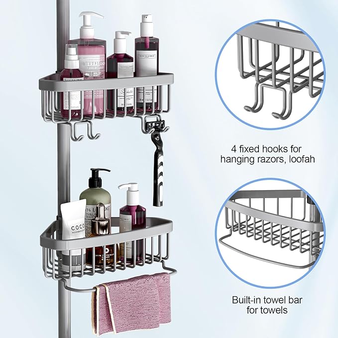 Corner Shower Caddy Tension Pole: Stainless Steel Rustproof 4-Tier Shower Organizer - 47-121 inch Adjustable Bathroom Shelves for Bathtub Shampoo Storage - Tension Rod Floor Standing Bath Rack
