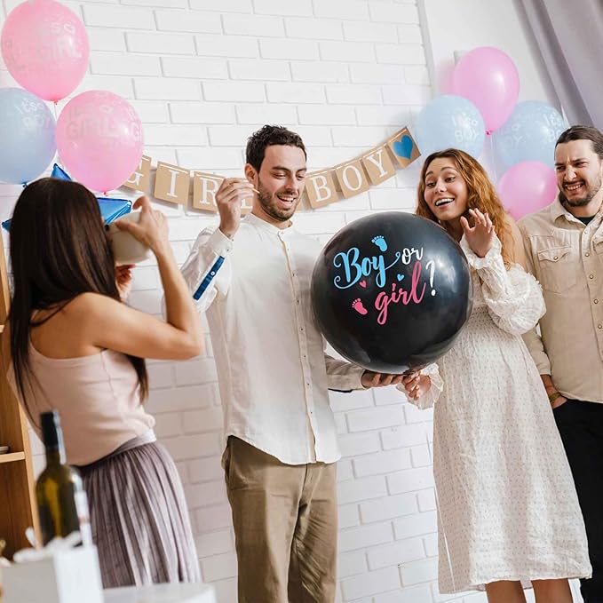Large Gender Reveal Balloons - 2pcs 36 Inch Black Boy or Girl Balloon with Pink and Blue Confetti for Baby Shower Gender Reveal Ideas Party Decorations