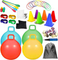 58PCS Carnival Outdoor Games Combo Set,17.7IN Hopper Balls with Handle,Egg Spoon Relay Race,Soft Plastic Cones Bean Bags Ring Toss Game,3 Legged Race for Family Reunion Outside Field Day Easter Games
