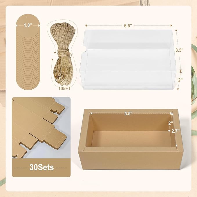 biguphate 30 Kraft Paper Cardboard Boxes Kits, Internal Dimensions 5.5x2.7x2 IN Homemade Soap Box with Blank Tags and Jute String, Small Gift Boxes for Jewelry, Candy, Wrapping Party Favor