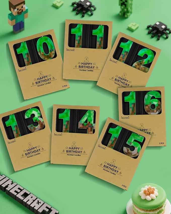 Pixel Birthday Candle, 2.68 Inch Miner Number Candles, Game Themed Candle Birthday Decoration for Pixel Theme Birthday Anniversary Dynamite Video Game Party (Green, 20)