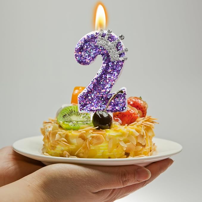 Birthday Number Candles,Purple Crown Birthday Candles for Cake,Glitter Number 2 Candle Cake Topper with Sequins for Anniversary Celebrations Supplies (Number 2)