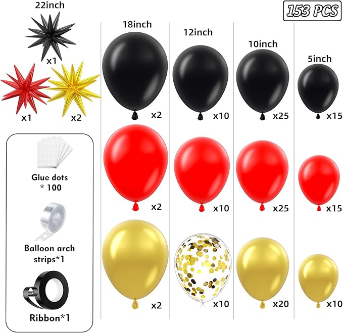 153Pcs Red and Black Gold Balloons Garland Arch Kit with Stars - 22 18 12 10 5 inch Different Latex Balloons for Anniversary Casino Night Hollywood New Years Movie Night Prom Party Decorations