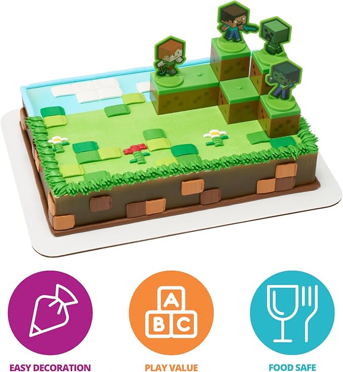 DecoSet® Mobs Beware Minecraft Cake Topper, 6-Piece Stackable Cake Decoration, Interlocking 3D Blocks With Characters, Food Safe Birthday Cake Decoration
