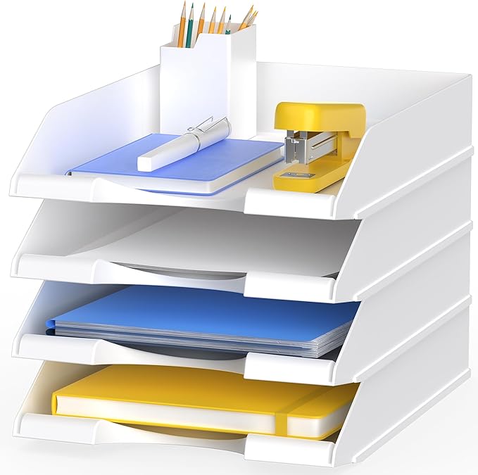 4 Pack Stackable Paper Trays for Letter Documents, Desktop File Organizers for Office Supplies, Stackable Desk Tray Holder for Paper Storage, White