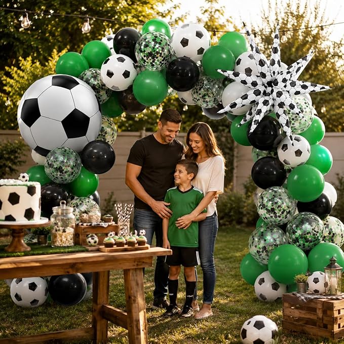 Football Balloons, 12 Inch Soccer Balloons with Green Black White Latex Soccer Printed Star Foil Balloons With Ribbons for Football Sport Theme Party Decorations Birthday Supplies