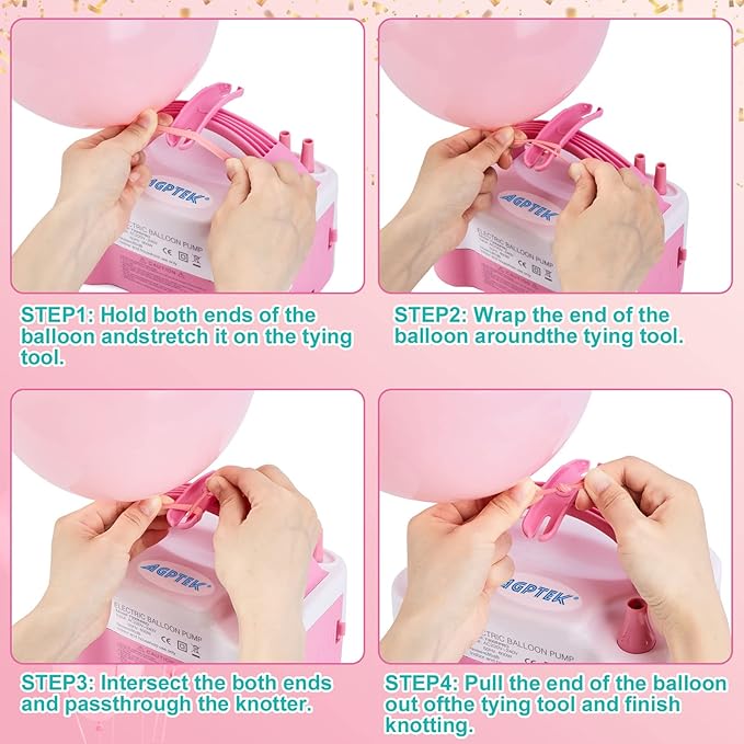 AGPtEK Electric Air Balloon Pump with Built-in Tying Tool, 110V 600W Pink and White Portable Dual Nozzle Inflator/Blower for Party Decoration with Tying Tool on Handle